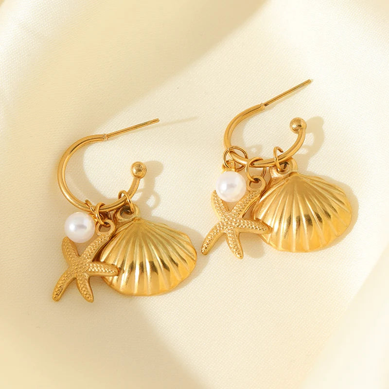 EILIECK 316L Stainless Steel Gold Color Starfish Shell Pearl Necklace Earrings Set For Women Trendy Waterproof Jewelry Lady Gift