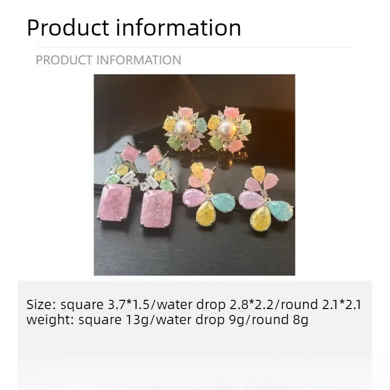 S925 Sterling Silver Colorful Ice Flower Zircon French Drop Earrings Geometric Fashion Jewelry for Women Girls Daily Wear Gift