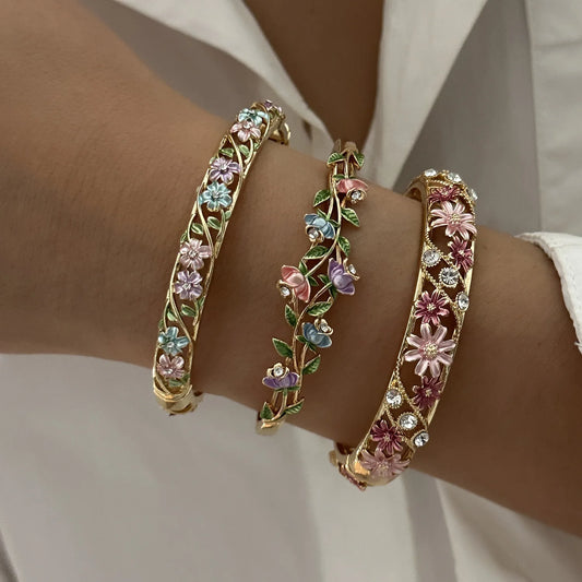 2026 Hollow Bangles Copper Bracelet Zircon Enamel Flower Vintage Romantic Cute Colorful for Women Elegant Jewelry Gift