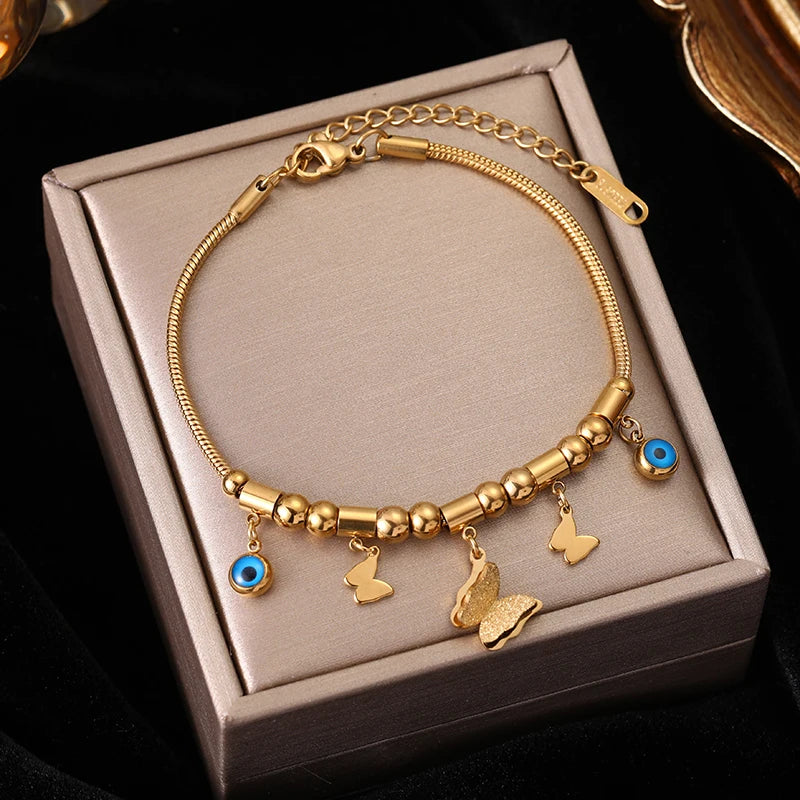 EILIECK 316L Stainless Steel Water Drop Zircon Butterfly Hexagram Charm Bracelet For Women Trend Fashion Gold Color Jewelry Gift