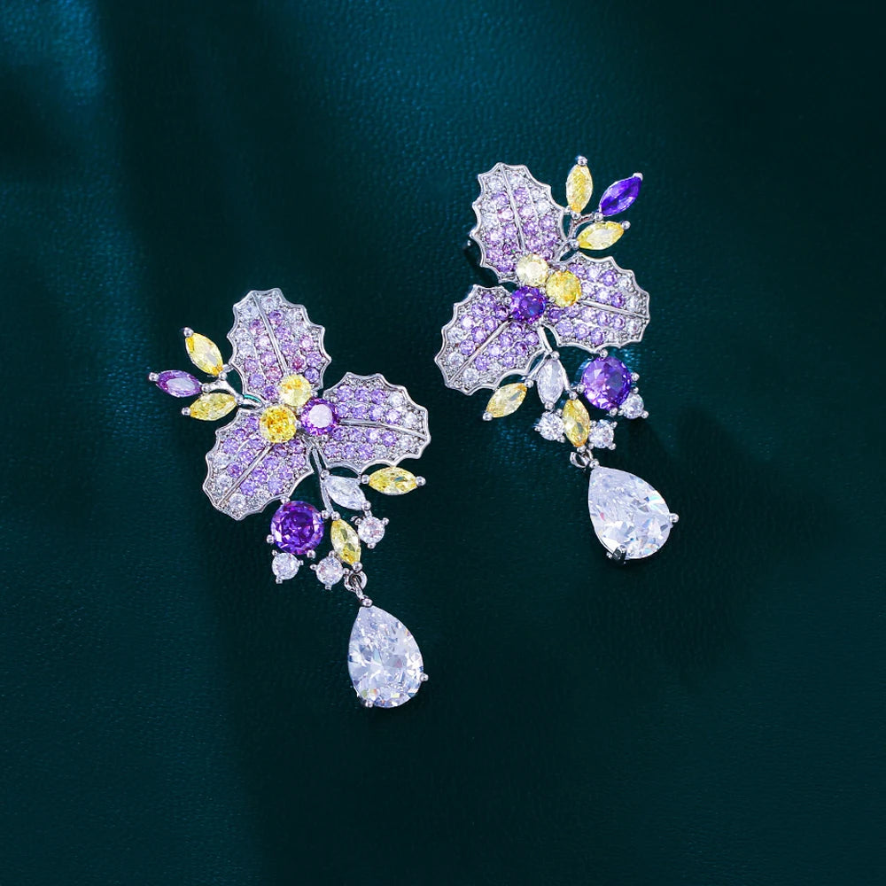 ThreeGraces Delicate Purple Yellow Zircon Long Flower Leaf Drop Earrings for Women Elegant Bridal Wedding Party Jewelry E1904