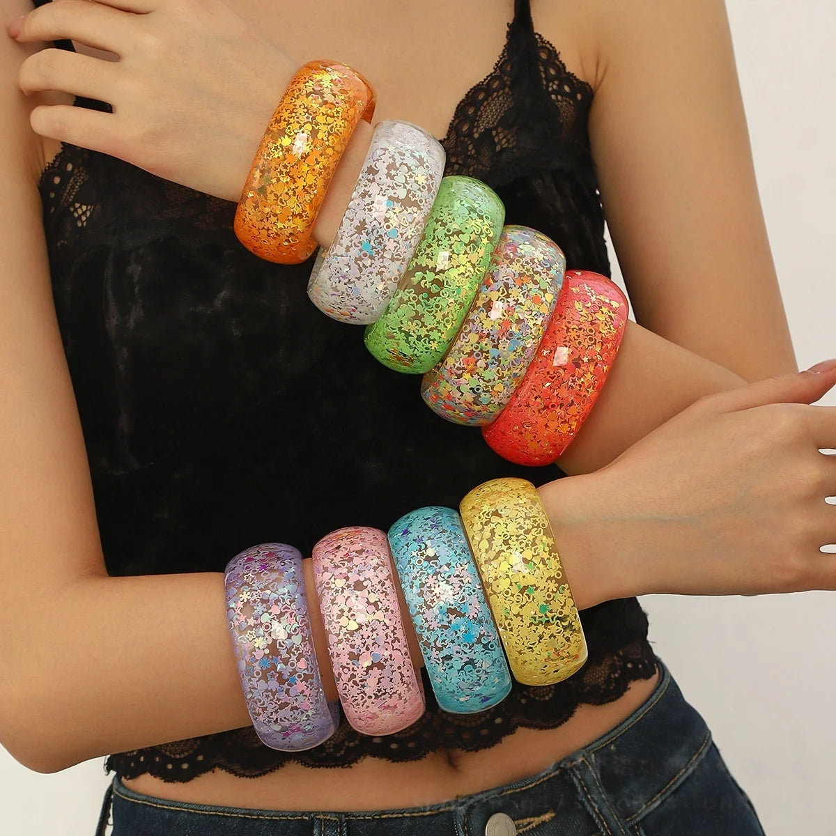 KMVEXO Trendy Personality Star Heart Sequin Acrylic Bangle for Women Statement Resin Cuff Wide Bracelet Daily Jewelry Gift