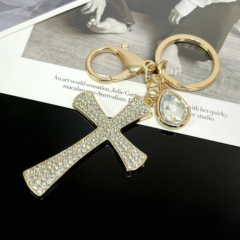 Women Trendy Cross Key Ring European Style Full Crystals Cross Shaped Car Keychain Fashionable Bag Accessory Gift