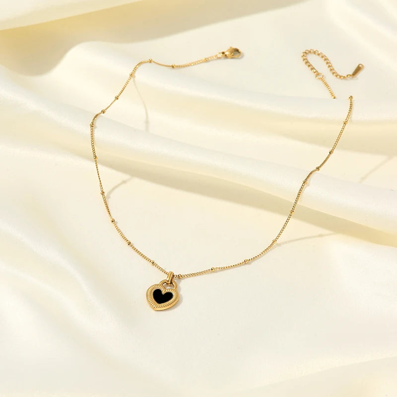 EILIECK 316L Stainless Steel Black White Double Heart Necklace Earrings Fashion Exquisite Waterproof Jewelry Set For Women Gift