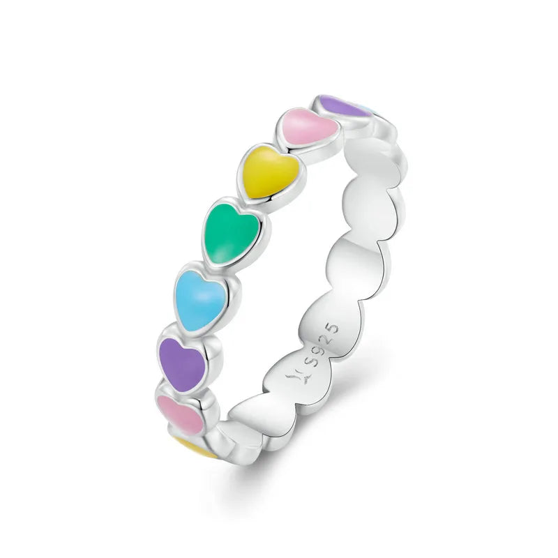 BAMOER 925 Sterling Silver Cute Rainbow Heart Finger Ring for Women Stackable Silver Ring with Mini Hearts Trendy Jewelry