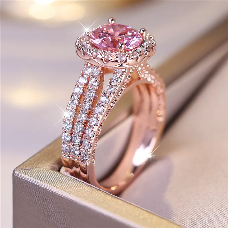 Luxury Female Small Pink Round Zircon Stone Engagement Ring Trendy Rose Gold Color Bride Wedding Jewelry Gift For Women