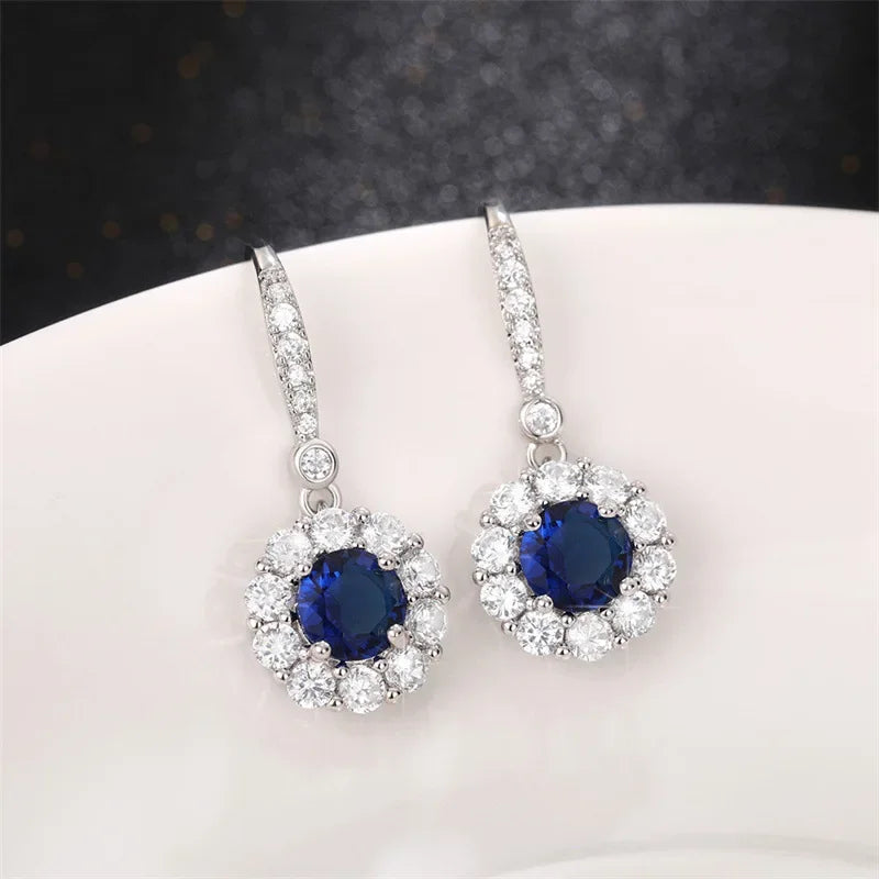 Elegant Round Flower Blue Zircon Sterling Silver Dangle Earrings Dazzling CZ Women Wedding Accessories Fashion Earrings