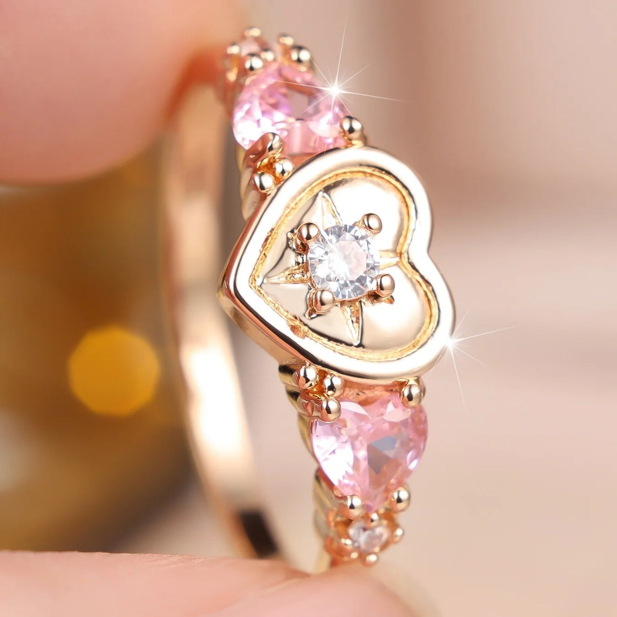 Small Cute Female Pink Heart Zircon Stone Round Ring Gold Color Wedding Jewelry For Women