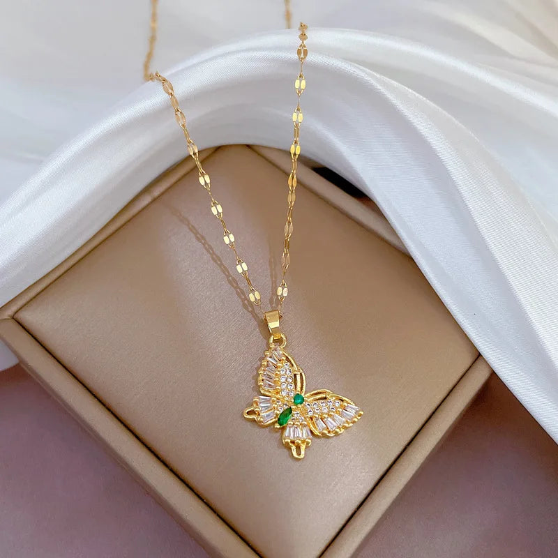 Stainless Steel Elegant Statement Butterfly Pendant Necklace Rhinestone Chain for Women Bling Crystal Choker Party Jewelry