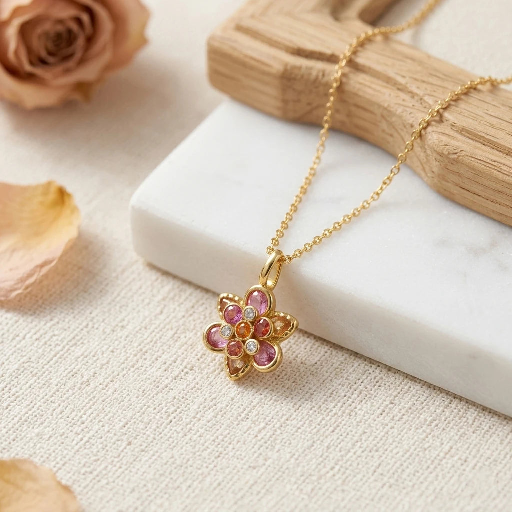 Ladies Gold Plated Floral Pendant Necklace with Multi-Color Cubic Zirconia Elegant Jewelry for Daily Commute Parties Gifts