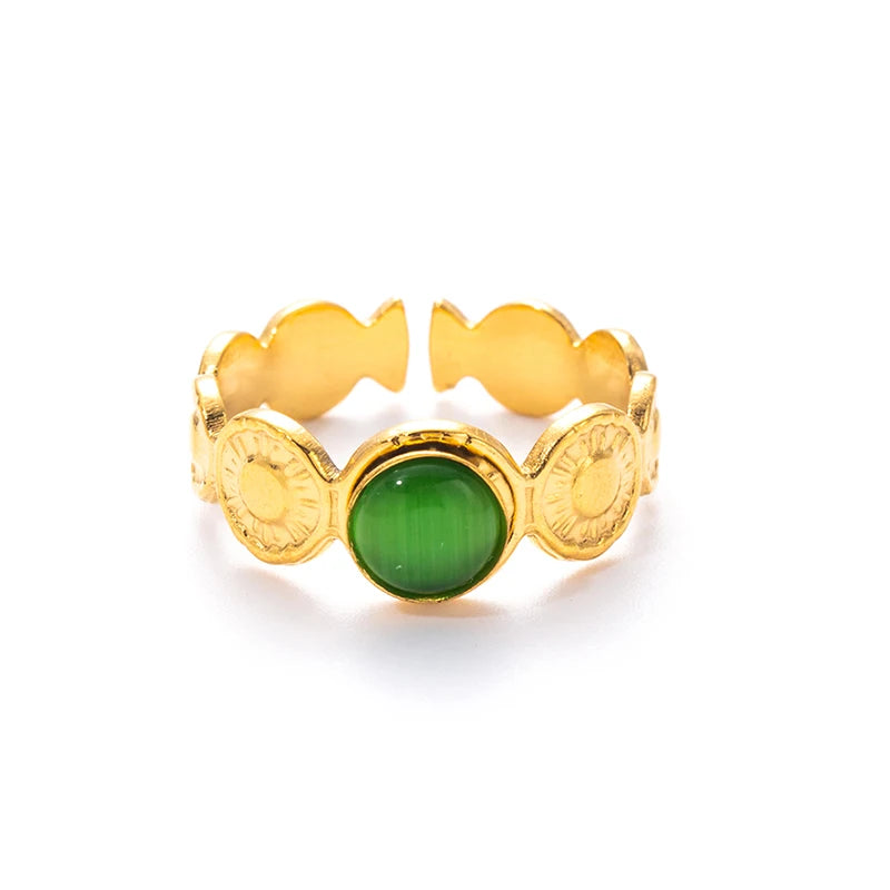 ANENJERY 316L Stainless Steel Colorful Stone Round Card Sun Open Ring for Women Men Niche Special Jewelry Gifts Wholesale