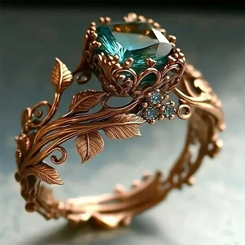 1PC Gold Color Leaf Design Ring for Women with Square Green Cubic Zirconia Aesthetic Female Wedding Party Trendy Jewelry