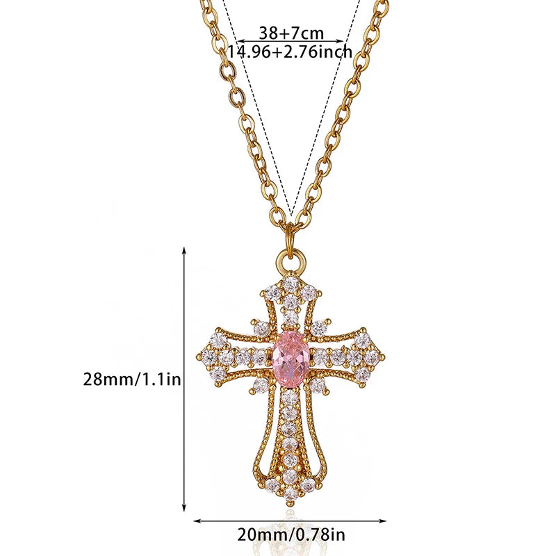 ANENJERY 316L Stainless Steel Crosss Pink Blue Zircon Necklace For Women Delicate Vintage French Personality Niche Jewelry Gifts