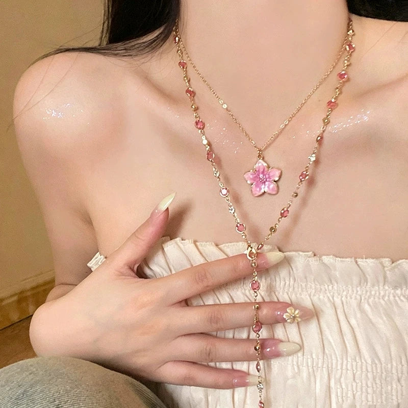 2Pcs/Set Pink Flower Pendant Crystal Gold Color Chain Stacking Choker Clavicle Chains Necklace Sets For Women Charm Neck Jewelry