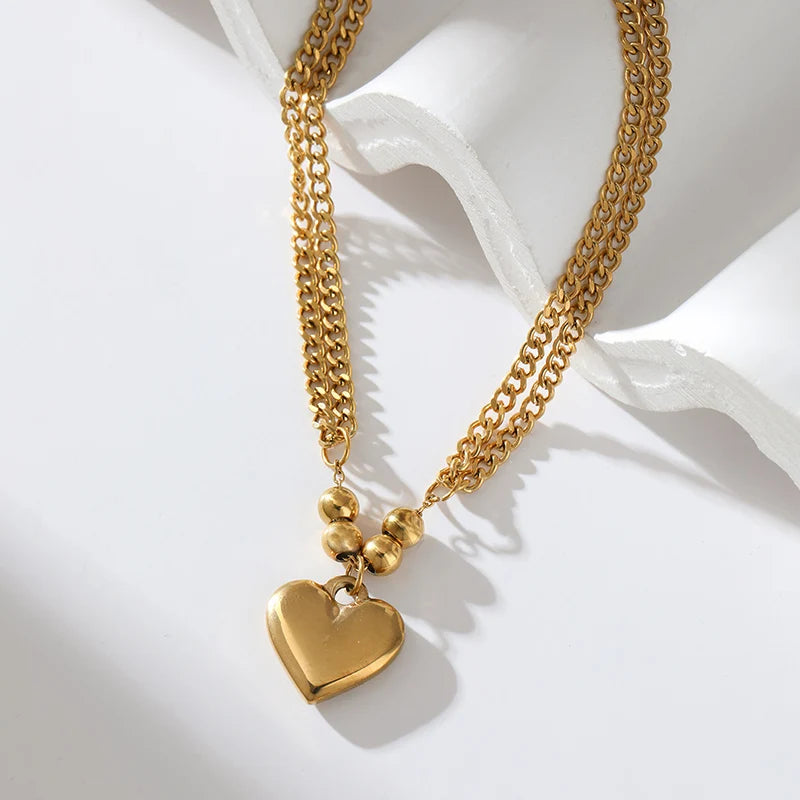 EILIECK 316L Stainless Steel Heart Love Pendant Necklace Statement Golden Glossy Thick Chunky Collar Dangle Neck Chain Jewelry