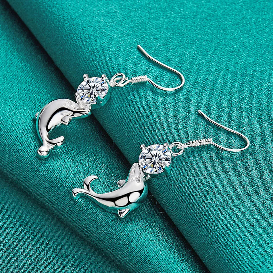 URMYLADY 925 Sterling Silver Dolphin Zircon Earrings Eardrop For Women Charm Wedding Fashion Engagement Jewelry