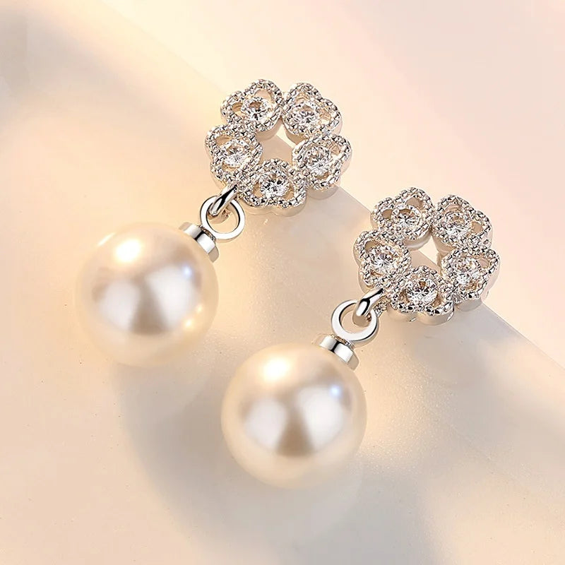 Small Love Heart Luxury Female White Pearl Zircon Stone Stud Earrings Silver Color Wedding Jewelry For Women