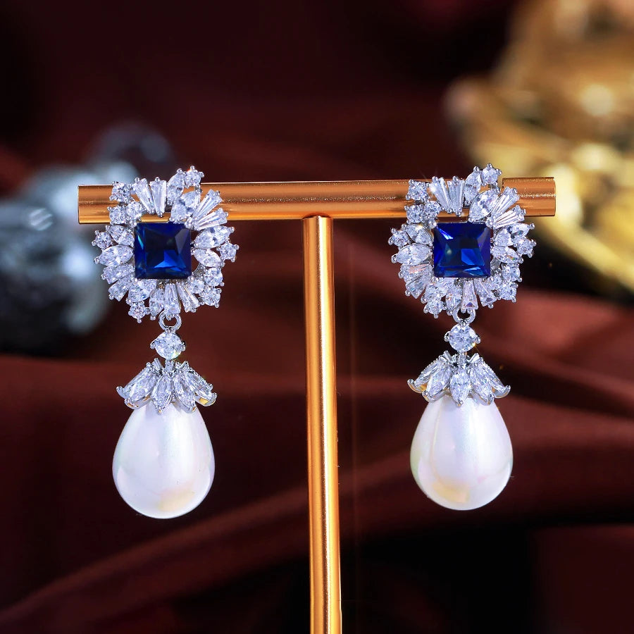 ThreeGraces Vintage Luxury Blue Square Zirconia Long Big Simulated Pearl Earrings for Women Fashion Bridal Party Jewelry E1969
