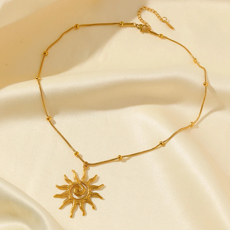 EILIECK 316L Stainless Steel Pearl Shell Starfish Sun Charm Necklace For Women Ocean Style Gold Plated Handmade Holiday Jewelry