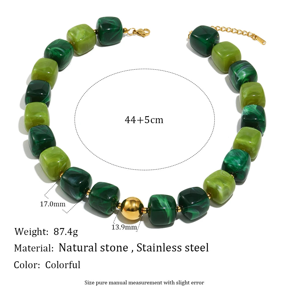 E.B.belle Vintage Statement Acrylic Square Bead Necklace Gold Plated Suitable For Ladies Green Red Bead Tarnish Free Jewelry