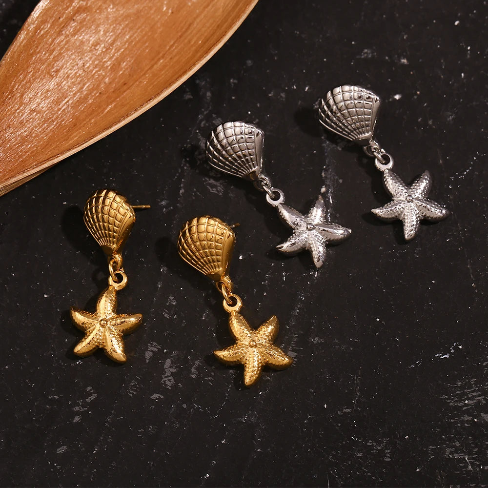 E.B.belle Scallop and Starfish Splicing Earrings 316L Stainless Steel Women's Earrings 18K Gold Plated Decoration