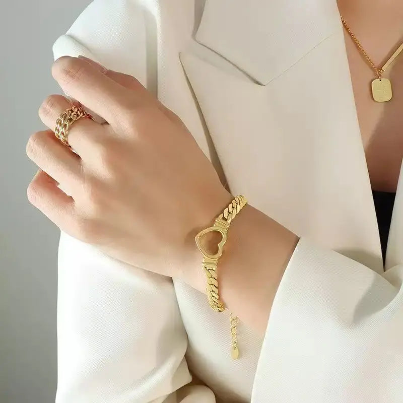 EILIECK 316L Stainless Steel Metal Hollow Heart Necklace Bracelets Set For Women Trendy Waterproof Gold Color Chain Jewelry Gift