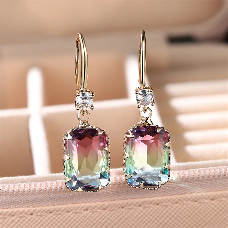 Cute Female Red Green Rainbow Drop Earrings Luxury White Crystal Earrings Yellow Gold Color Wedding Earrings For Women