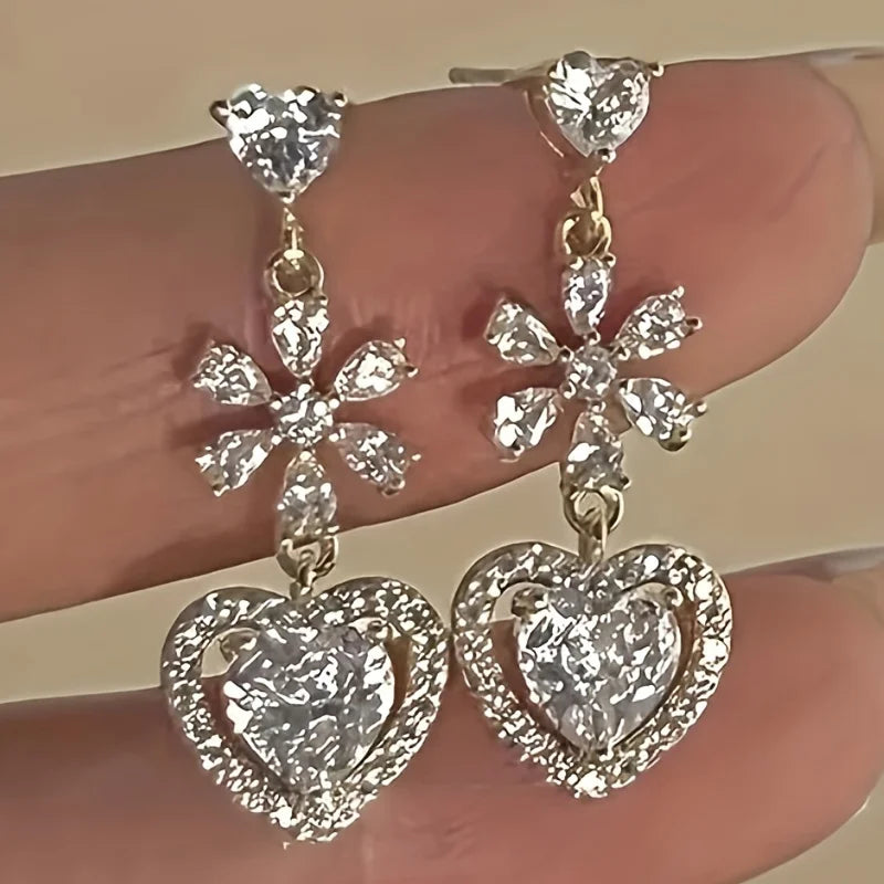 Exquisite Pink Heart Shape Bowknot Stud Earrings For Women Shining CZ Zircon Love Earring Girl Wedding Party Temperament Jewelry