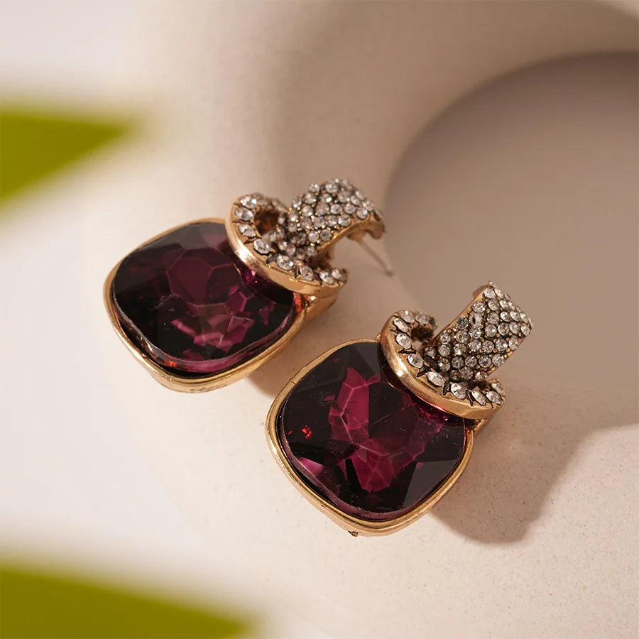 Retro Luxury Fashion Purple Square Sugar Ring Buckle Earrings for Women's High-End Accessories for Daily Commuting, Parties