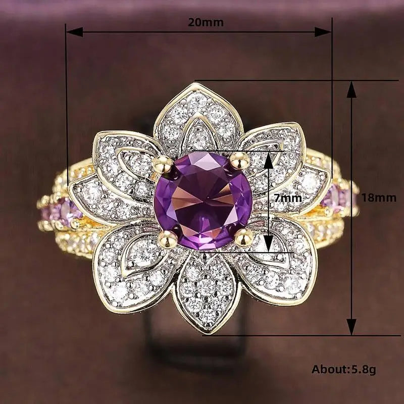 Huitan Gorgeous Flower Shaped Women Ring Inlaid Brilliant Purple Cubic Zirconia Fashion Wedding Party Luxury Accessories Jewelry