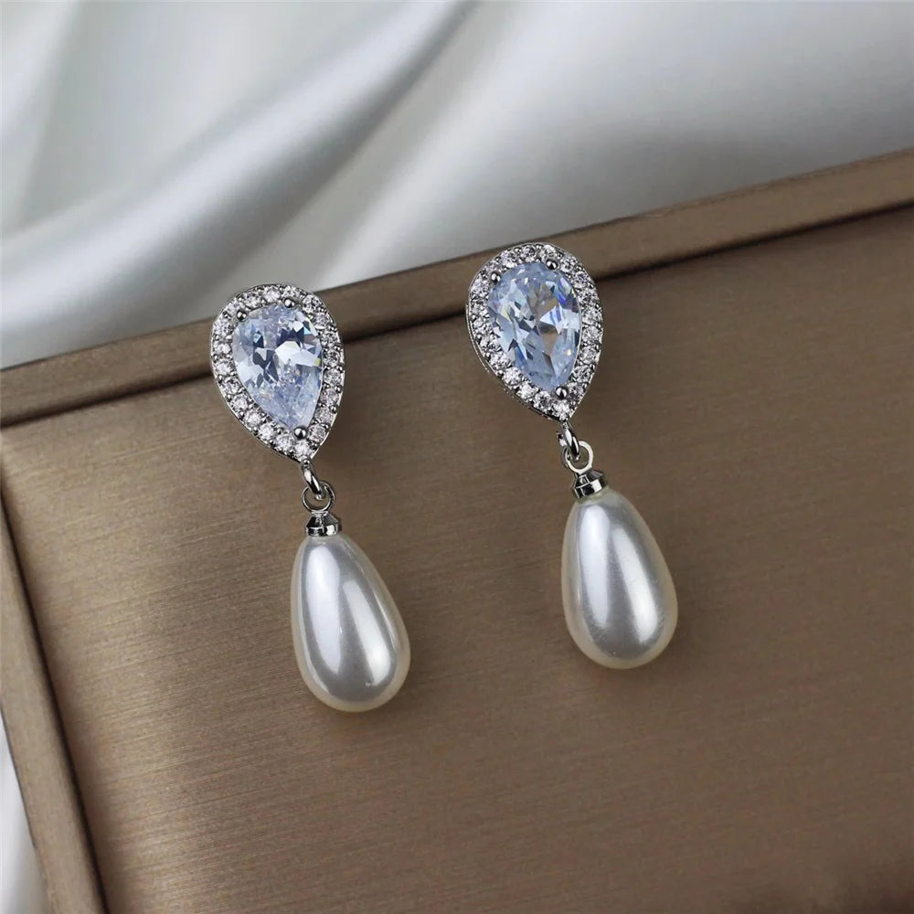 Charm Female White Crystal Drop Earrings Cute Pearl Trendy Bridal Wedding Jewelry For Women