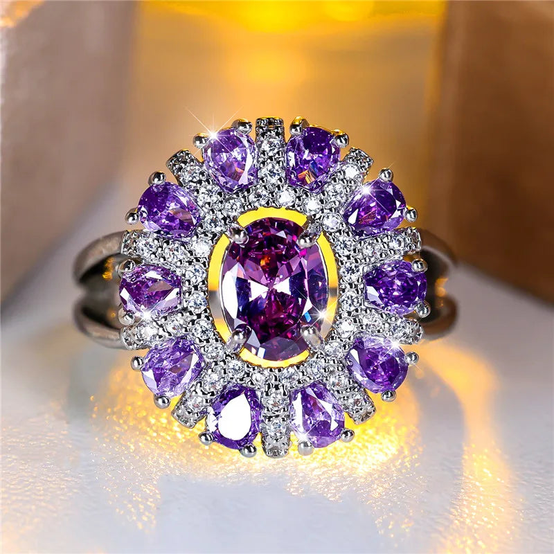Charm Female Purple Zircon Stone Engagement Ring Silver Color Wedding Jewelry For Women