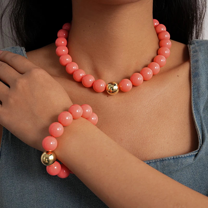 Colorful Acrylic Beads Choker Necklace and Bracelet Sets for Women Statement Jewelry Gift Accessories Fashion
