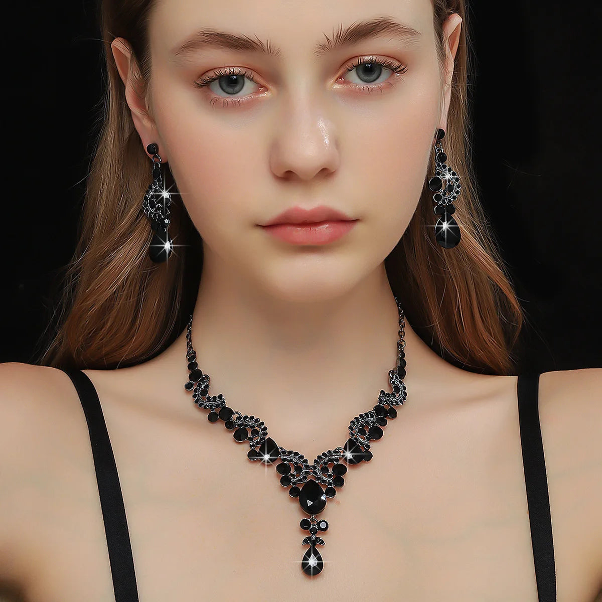 Women's Blue Geen Black Water Drop Earrings Necklace Set, Elegant Jewelry Gift for Women, Perfect for Parties & Daily Wear