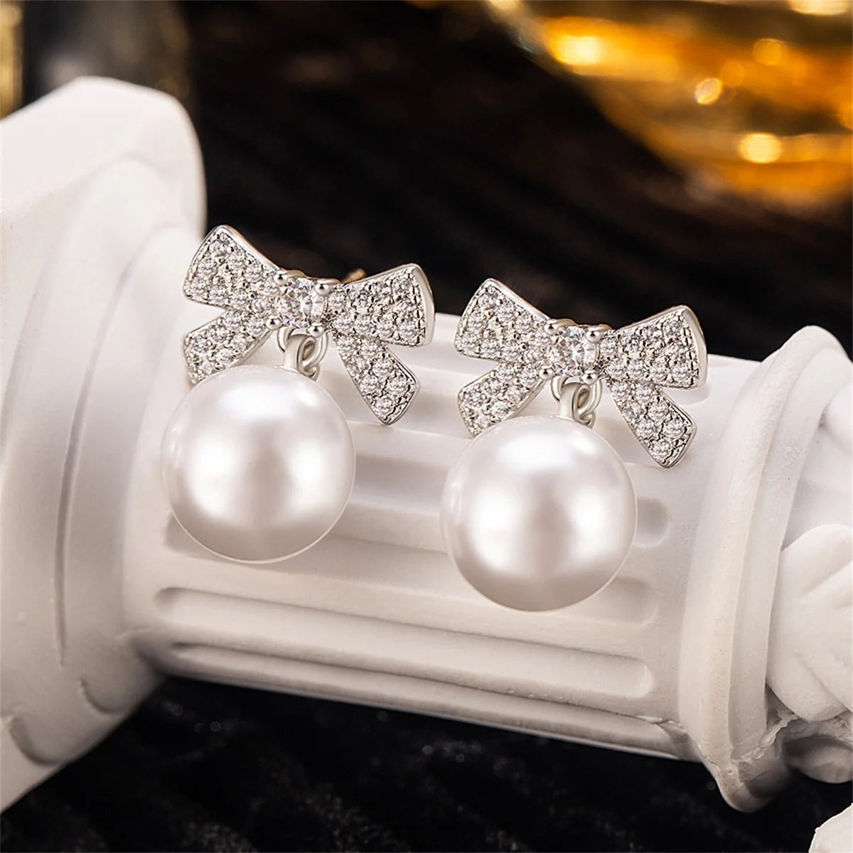 Korean Luxury Charm Female White Zircon Pearl Yellow White Bow Stud Earrings Silver Color Wedding Jewelry For Women