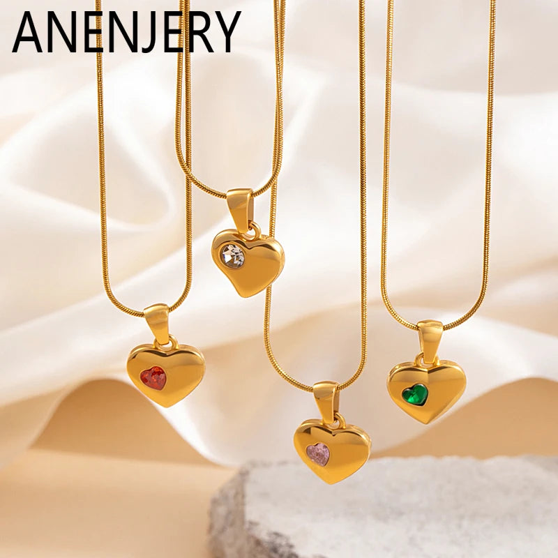 ANENJERY 316L Stainless Steel Heart Inlad Zircon Pendant Necklace For Women Simple Temperament Fashion Jewelry Gifts Wholesale