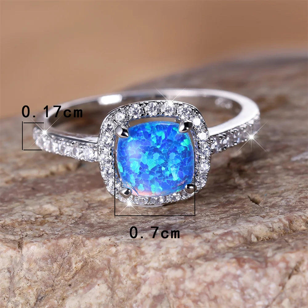 Blue Opal Square Engagement Ring White Round CZ Stone Wedding Rings For Women Silver Color Jewelry Simple Fashion Accessory Gift