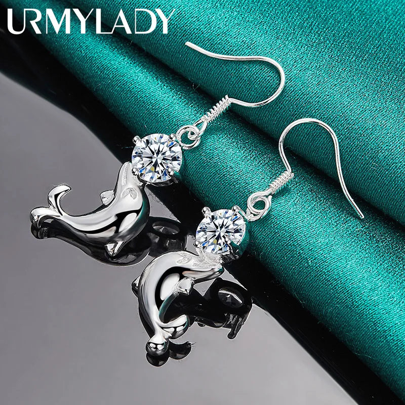 URMYLADY 925 Sterling Silver Dolphin Zircon Earrings Eardrop For Women Charm Wedding Fashion Engagement Jewelry