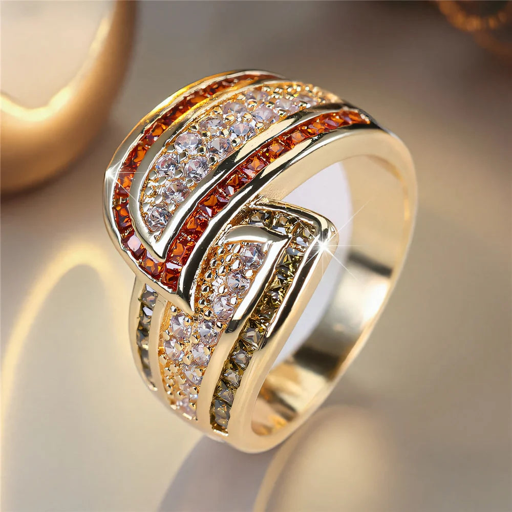 Cute Female White Zircon Stone Gold Color Wedding Jewelry Promise Engagement Wheat Rings For Women