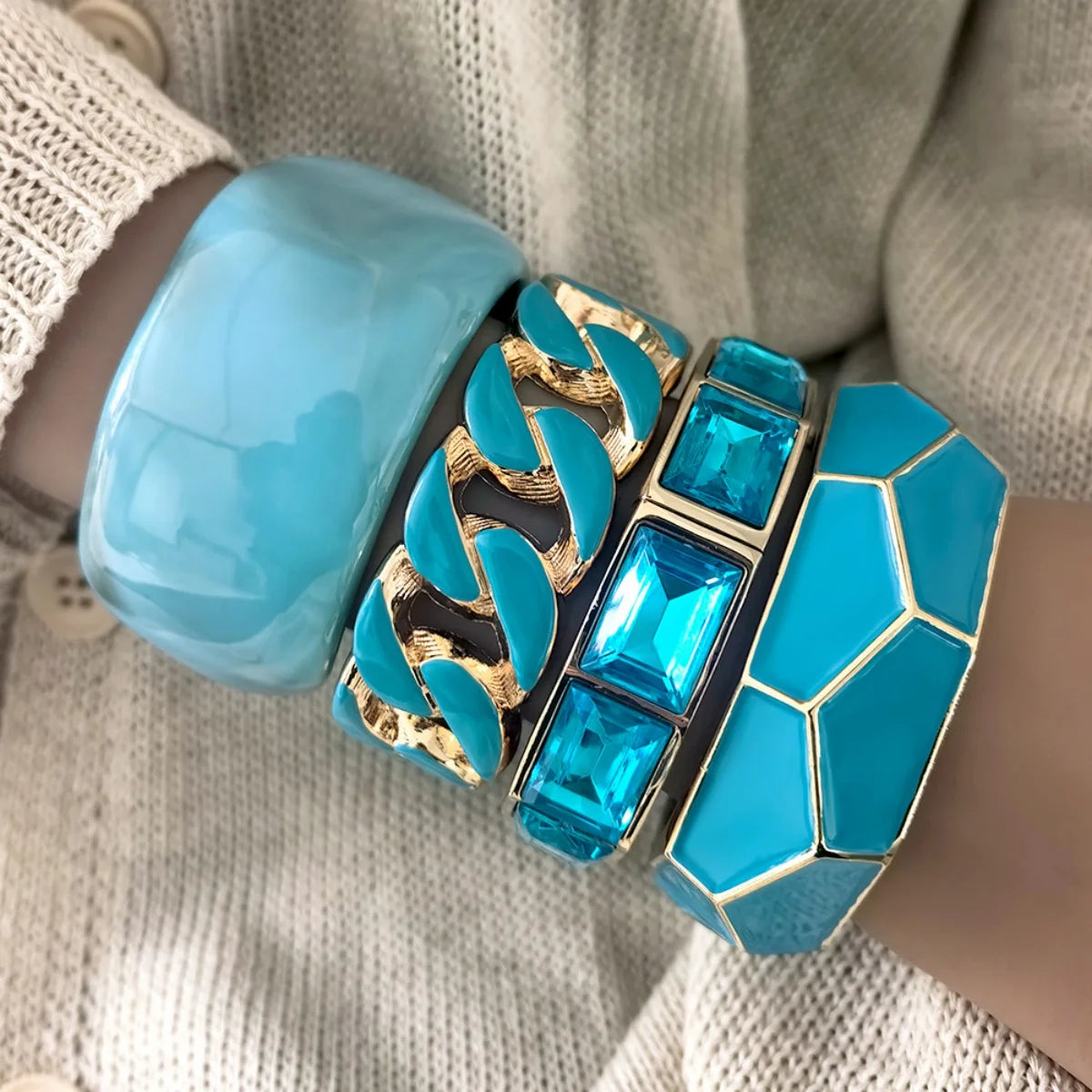 KMVEXO Irregular Geometric Cutting Blue Enamel Metal Wide Bangles for Women Summer Beach Distort Bracelet Pulseras Jewelry