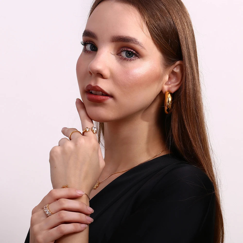 E.B.belle Asymmetric Opening Water Droplets Stars Zircon Ring 18K Gold Plated Women's Rings 316L Stainless Steel Accessories