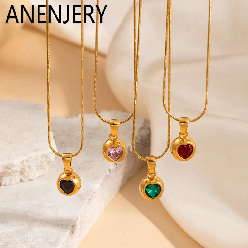 ANENJERY 316L Stainless Steel Round Bead Inlaid Heart Zircon Necklace For Women Luxury Design Simple Jewelry Gifts Wholesale