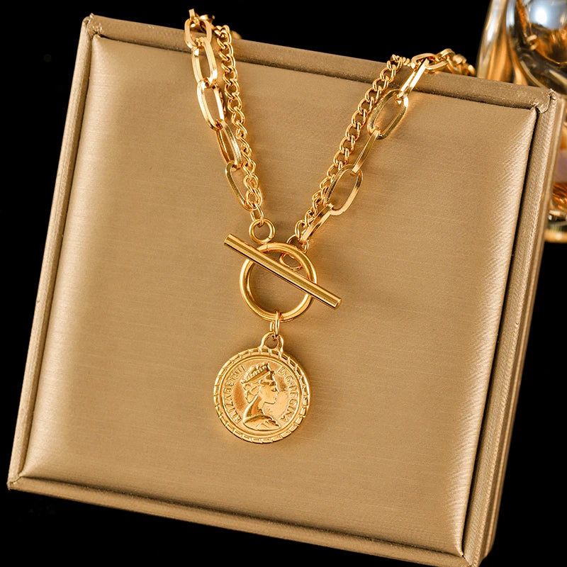 EILIECK 316L Stainless Steel Portrait Coin Pendant Necklace For Women Fashion Silver Color Neck Chain Waterproof Jewelry Gift