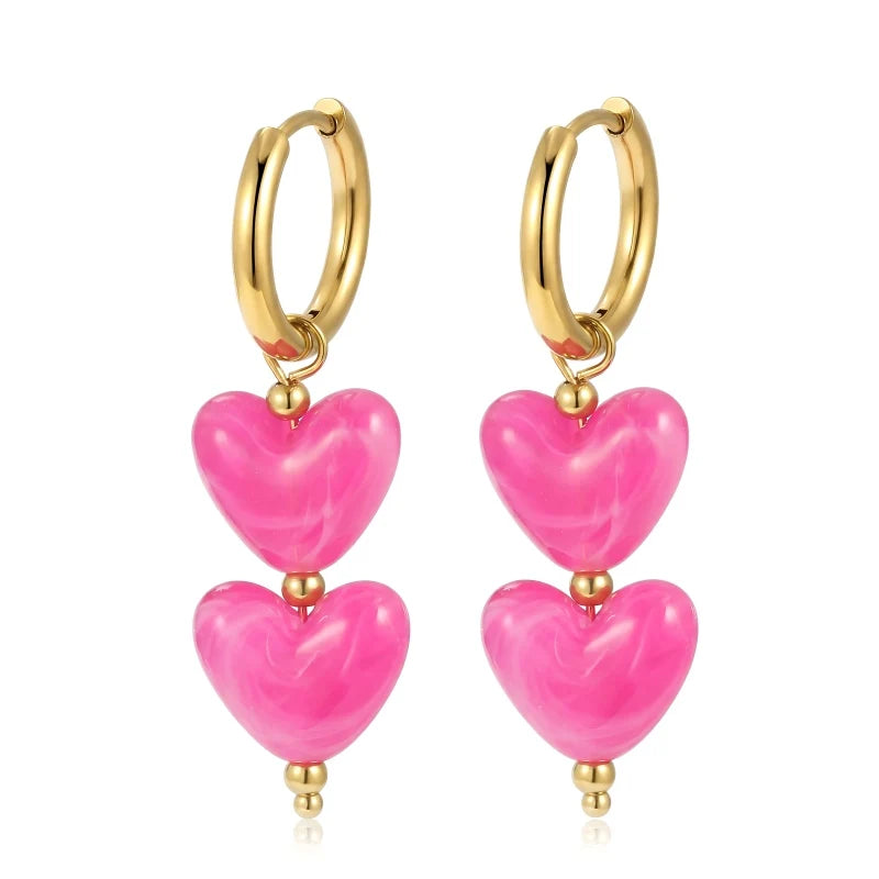 Badu Colorful Acrylic Double Heart Drop Earrings for Women Y2K Sweet Daily Party Accessories