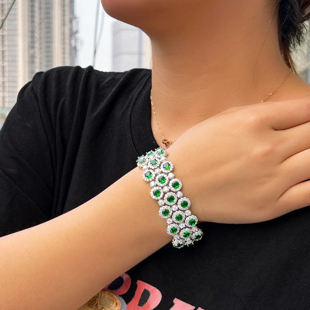 ThreeGraces Luxury Shiny Green White Zircon Big Wide Party Bracelet for Women Gorgeous Dubai Wedding Evening Party Jewelry BR400