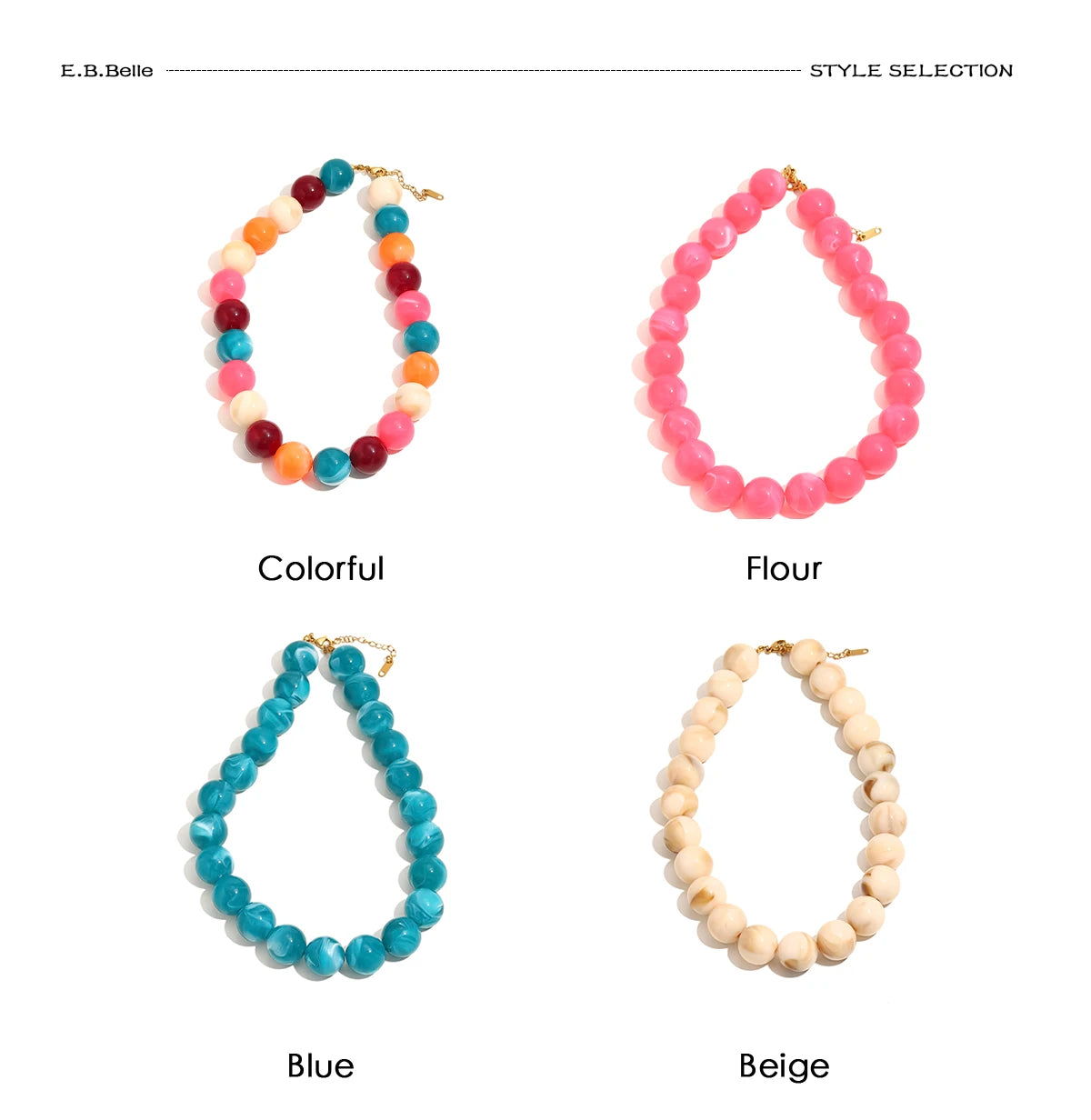 E.B.belle Colorful Marbled Resin Bead Necklace Hypoallergenic Chunky Beaded Chain Bohemian Holiday Women Jewelry Accessories