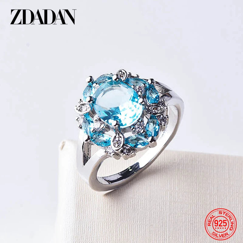 ZDADAN 925 Sterling Silver Flower Red Zircon Rings For Women Fashion Wedding Jewelry