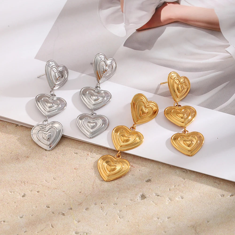 E.B.belle Modern Triple Heart Stud Earrings For Women 18K Gold Plated Waterproof Stainless Steel Earrings Fashion Ladies Jewelry