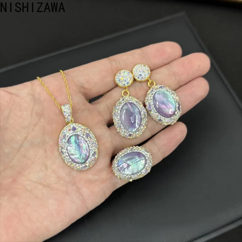Shell Earrings for Women Geometric Inlaid Rhinestones Vintage Jewelry Sets Light Luxury Fashion Elegant Aretes De Mujer