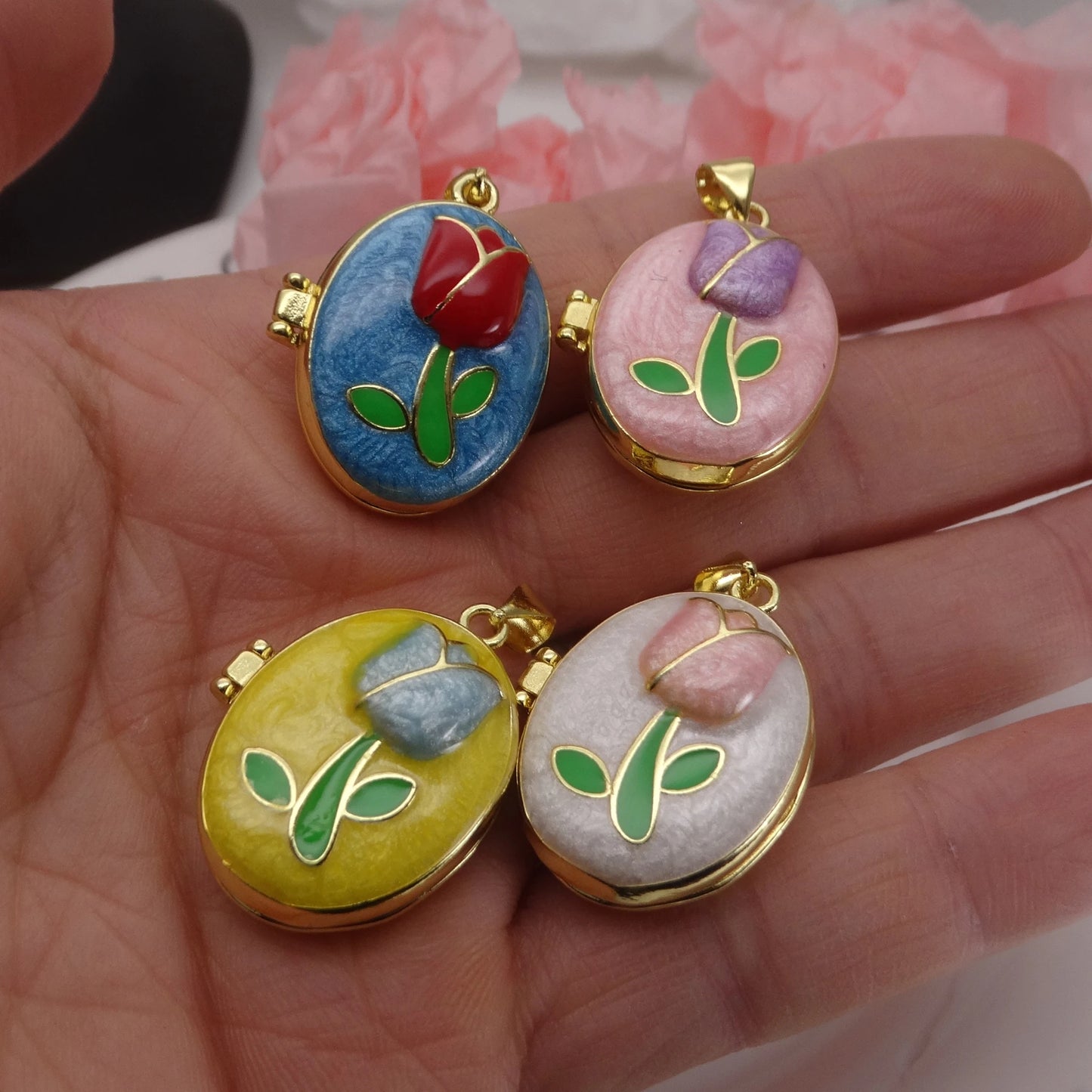 Micro Zircon oil drip photo box Pendant necklace Rose Flower pendant necklace copper chain jewelry necklace